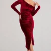 Agustina | Berry Velvet Asymmetric Neckline Midi Dress With Long Sleeves