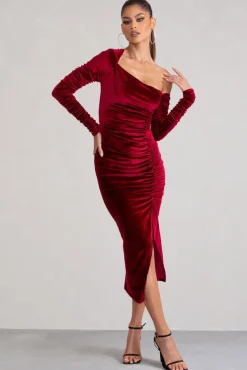 Agustina | Berry Velvet Asymmetric Neckline Midi Dress With Long Sleeves