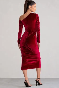 Agustina | Berry Velvet Asymmetric Neckline Midi Dress With Long Sleeves