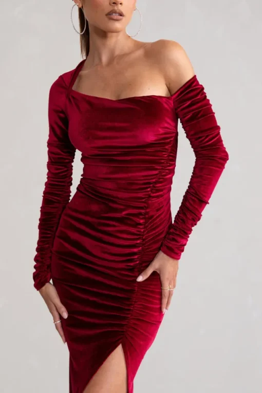 Agustina | Berry Velvet Asymmetric Neckline Midi Dress With Long Sleeves