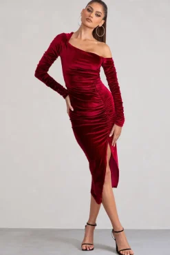Agustina | Berry Velvet Asymmetric Neckline Midi Dress With Long Sleeves