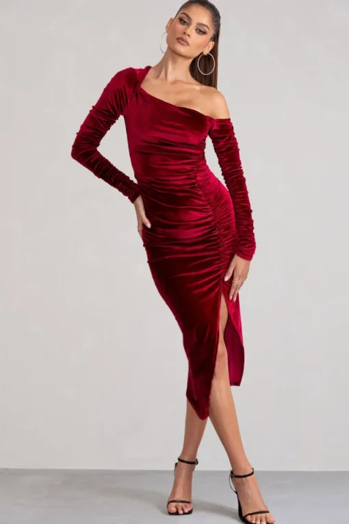 Agustina | Berry Velvet Asymmetric Neckline Midi Dress With Long Sleeves