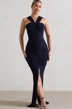 Aida | Navy Ruched V-Neck Split Maxi Dress