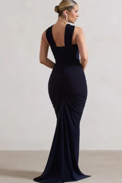 Aida | Navy Ruched V-Neck Split Maxi Dress