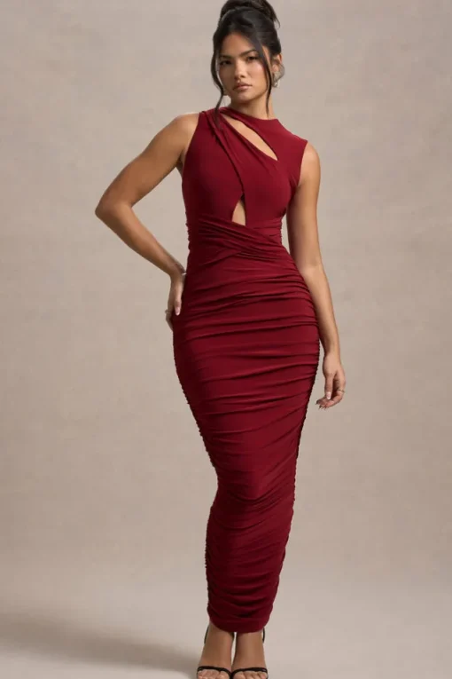 Aire | Wine Cut-Out Ruched Maxi Dress