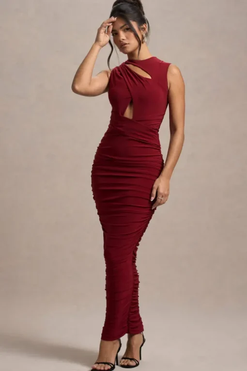 Aire | Wine Cut-Out Ruched Maxi Dress
