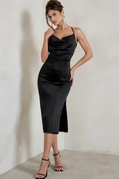 Aja | Black Cowl Cami Midi Dress With Waist Tie