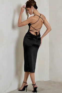 Aja | Black Cowl Cami Midi Dress With Waist Tie