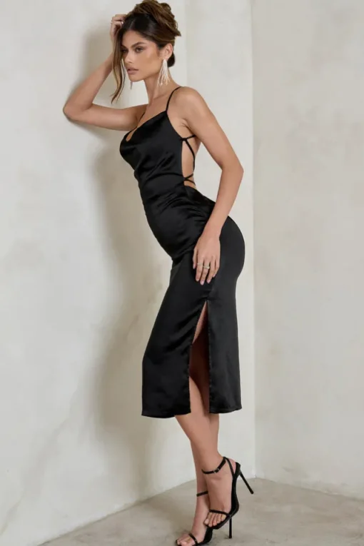 Aja | Black Cowl Cami Midi Dress With Waist Tie