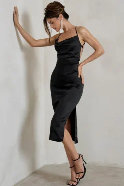 Aja | Black Cowl Cami Midi Dress With Waist Tie