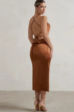 Aja | Copper Cowl Cami Midi Dress With Waist Tie
