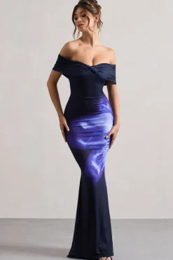 Alaia | Navy Floral Print Bardot Maxi Dress