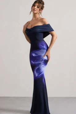 Alaia | Navy Floral Print Bardot Maxi Dress