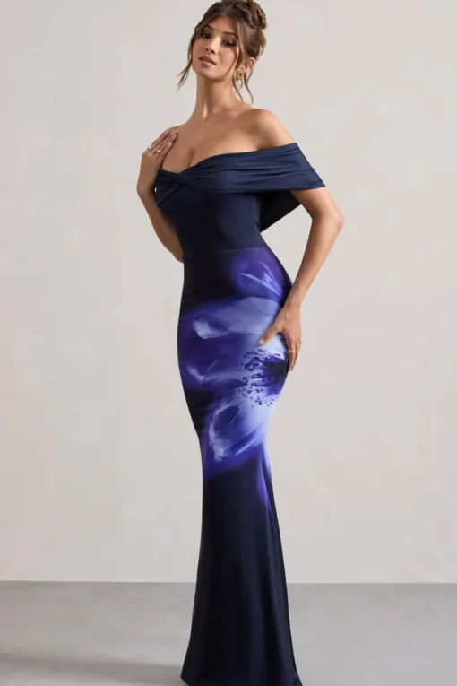 Alaia | Navy Floral Print Bardot Maxi Dress