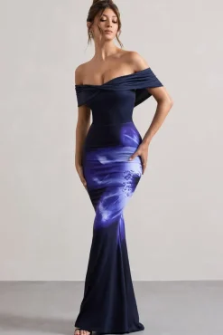 Alaia | Navy Floral Print Bardot Maxi Dress
