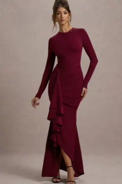Alayna | Berry Long-Sleeve Maxi Dress With Ruffled Split