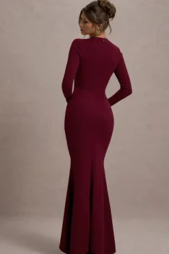 Alayna | Berry Long-Sleeve Maxi Dress With Ruffled Split