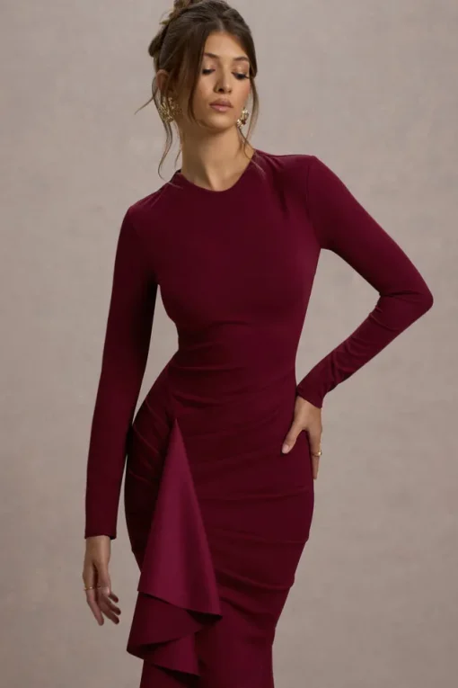 Alayna | Berry Long-Sleeve Maxi Dress With Ruffled Split