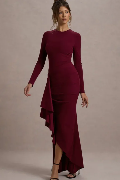 Alayna | Berry Long-Sleeve Maxi Dress With Ruffled Split