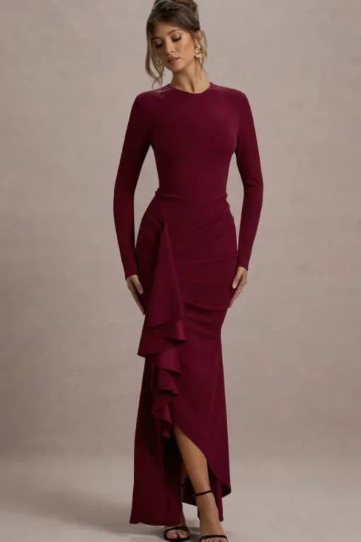 Alayna | Berry Long-Sleeve Maxi Dress With Ruffled Split