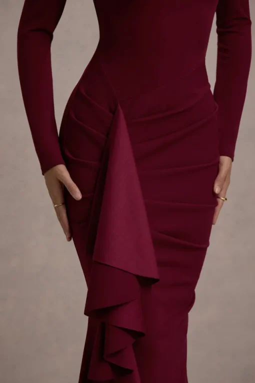 Alayna | Berry Long-Sleeve Maxi Dress With Ruffled Split