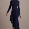 Alayna | Navy Long-Sleeve Maxi Dress With Ruffled Split