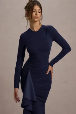 Alayna | Navy Long-Sleeve Maxi Dress With Ruffled Split