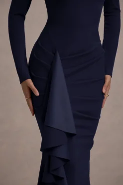 Alayna | Navy Long-Sleeve Maxi Dress With Ruffled Split