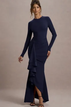 Alayna | Navy Long-Sleeve Maxi Dress With Ruffled Split