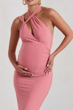 Alba | Blush Pink Maternity Halter Asymmetric Maxi Dress with Cut Out