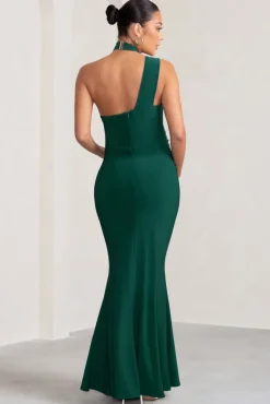 Alba | Bottle Green Maternity Halter Asymmetric Maxi Dress with Cut Out