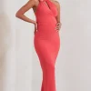 Alba | Coral Maternity Halter Asymmetric Maxi Dress with Cut Out