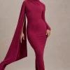Aldona | Mulberry High-Neck Long-Sleeve Maxi Dress With Cape Sleeve