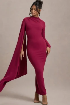 Aldona | Mulberry High-Neck Long-Sleeve Maxi Dress With Cape Sleeve