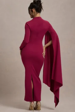 Aldona | Mulberry High-Neck Long-Sleeve Maxi Dress With Cape Sleeve