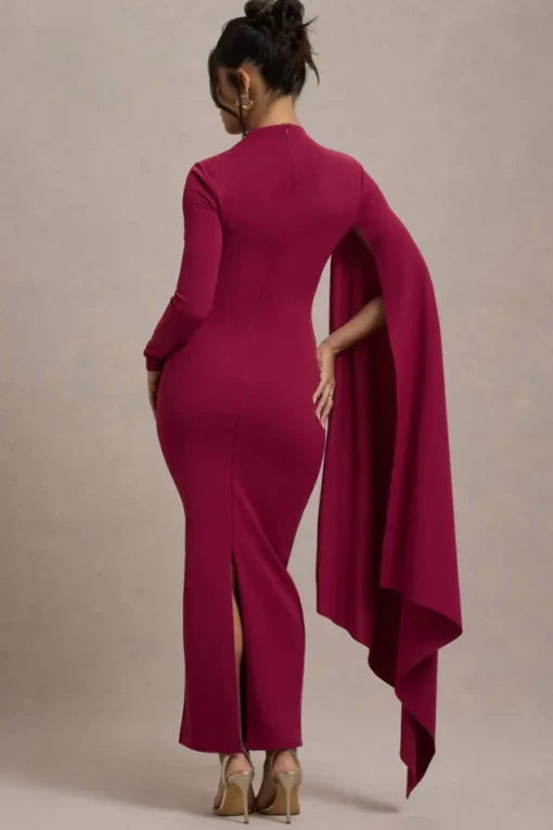 Aldona | Mulberry High-Neck Long-Sleeve Maxi Dress With Cape Sleeve