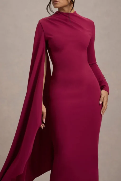 Aldona | Mulberry High-Neck Long-Sleeve Maxi Dress With Cape Sleeve