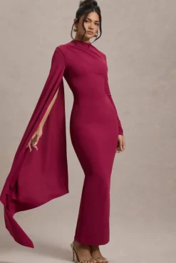 Aldona | Mulberry High-Neck Long-Sleeve Maxi Dress With Cape Sleeve
