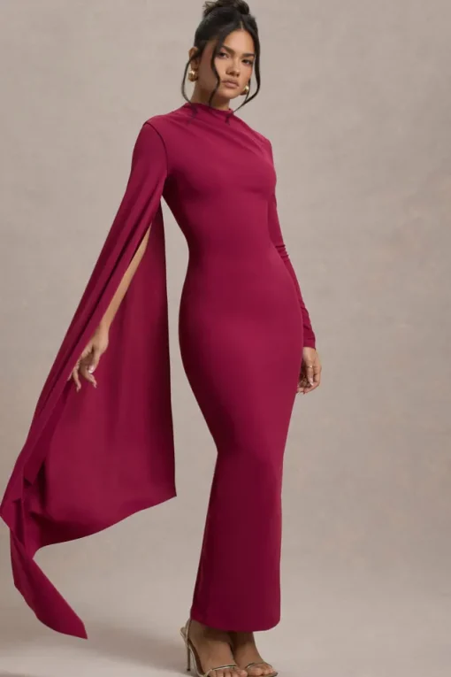 Aldona | Mulberry High-Neck Long-Sleeve Maxi Dress With Cape Sleeve