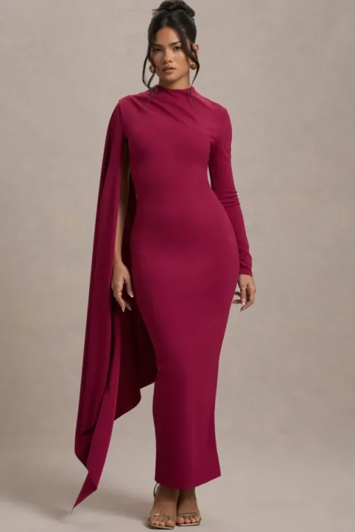 Aldona | Mulberry High-Neck Long-Sleeve Maxi Dress With Cape Sleeve