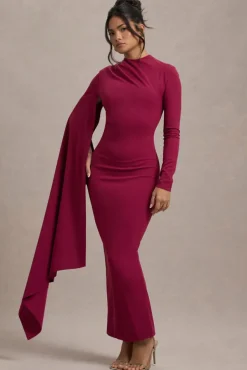Aldona | Mulberry High-Neck Long-Sleeve Maxi Dress With Cape Sleeve