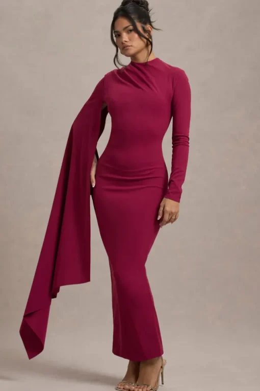 Aldona | Mulberry High-Neck Long-Sleeve Maxi Dress With Cape Sleeve