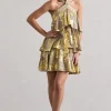 Alecia | Metallic Gold Halter-Neck Ruffle Mini Dress