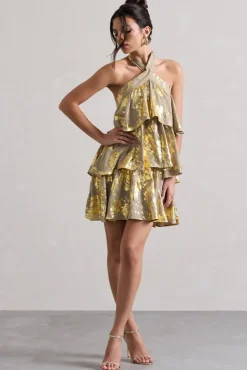 Alecia | Metallic Gold Halter-Neck Ruffle Mini Dress