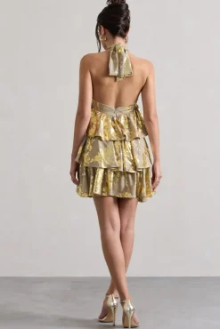 Alecia | Metallic Gold Halter-Neck Ruffle Mini Dress