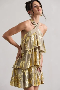 Alecia | Metallic Gold Halter-Neck Ruffle Mini Dress