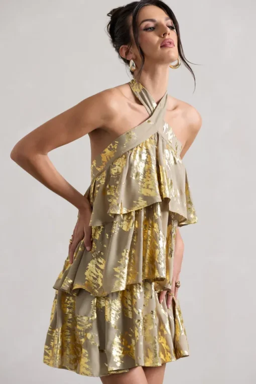 Alecia | Metallic Gold Halter-Neck Ruffle Mini Dress