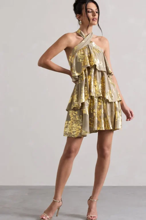 Alecia | Metallic Gold Halter-Neck Ruffle Mini Dress