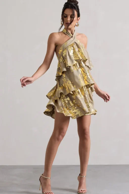 Alecia | Metallic Gold Halter-Neck Ruffle Mini Dress