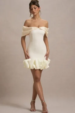 Alegre | Ecru Jacquard Bardot Mini Dress With Ruffle Hem